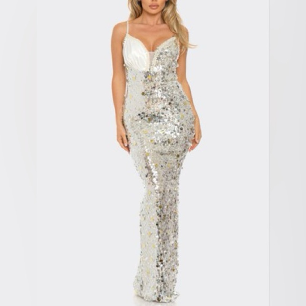 Silver Sequin Embellished Cowl Neck Prom Gown